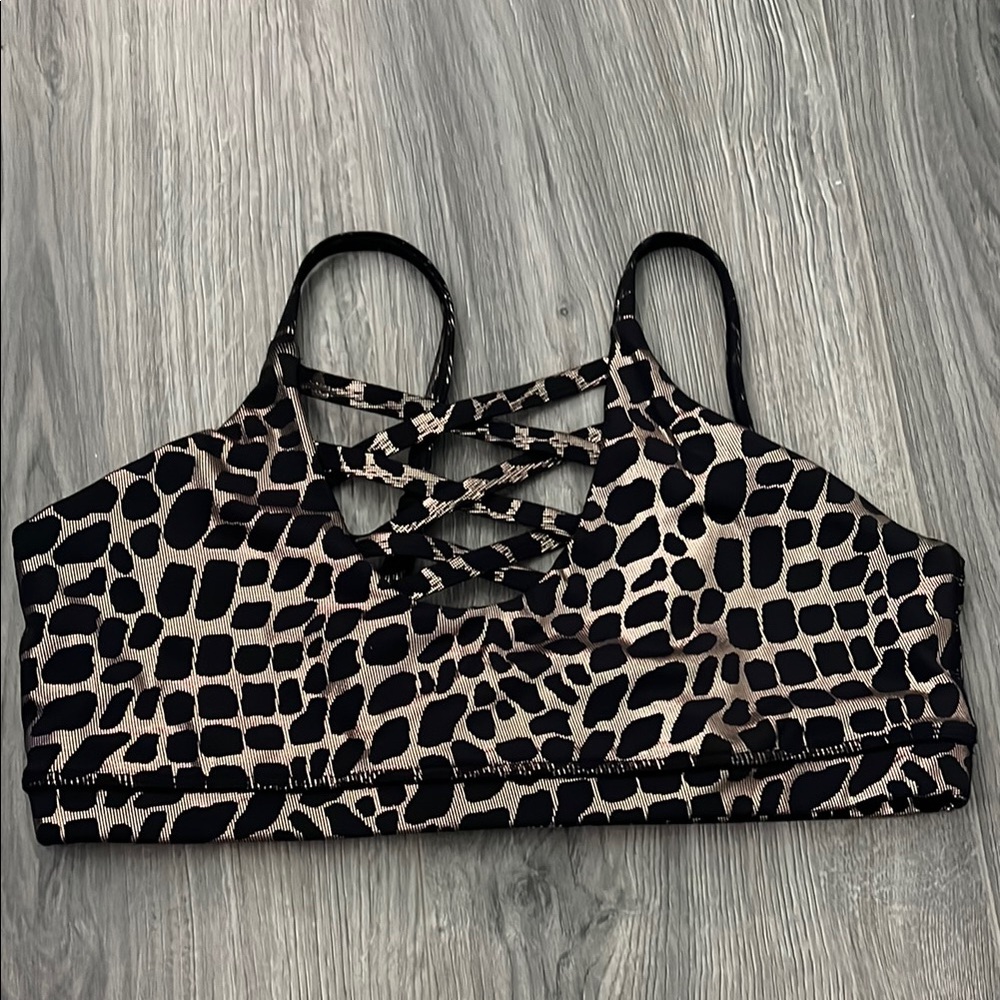 Til You Collapse Black and Gold Giraffe-Print Crisscross Sports Bra